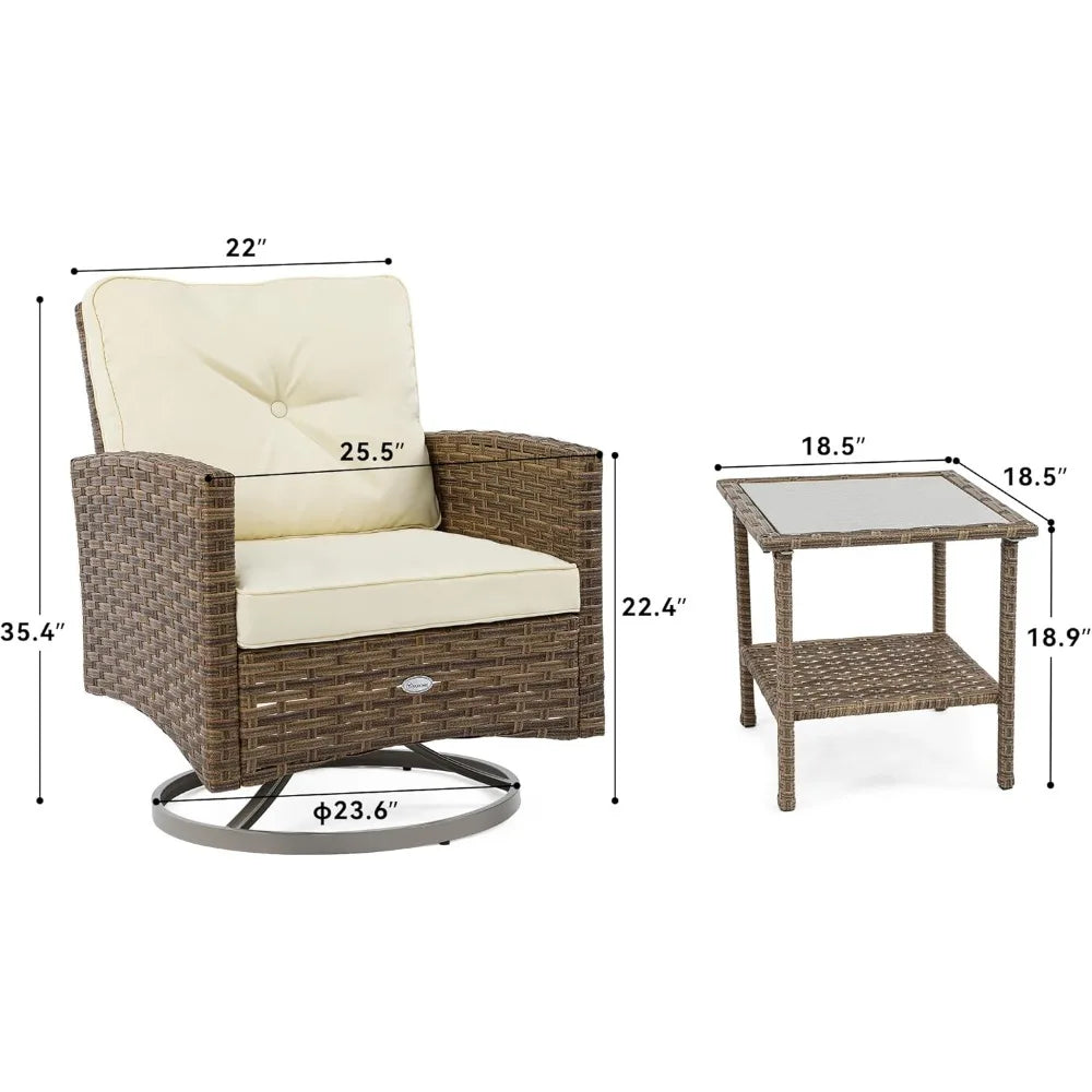 3-Piece Patio Wicker Swivel Chairs, Outdoor Small Furniture Rocking Coversation Chairs with Soft Cushions, Side Table for Garden