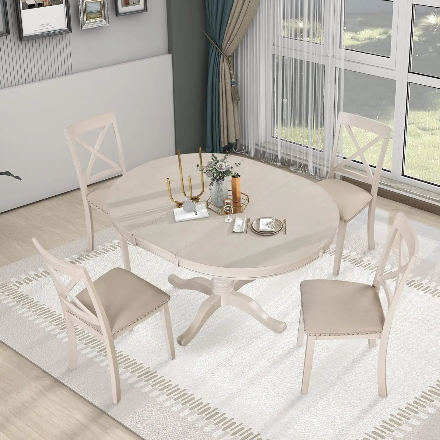 5-Piece Round Dining Table Set, Extendable Table with 4 Upholstered Chairs, Dining Room Table Sets, Kitchen Tables sets