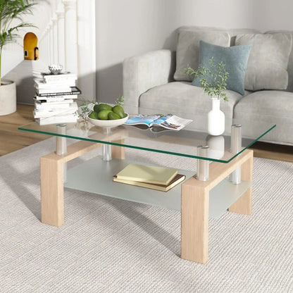 Rectangle Glass Coffee Table 2-Tier Tea Table Modern Side Coffee Table for Living Room