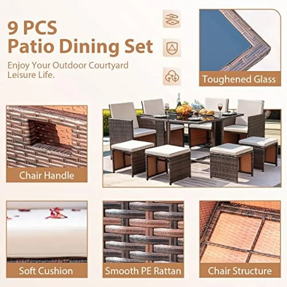 9 Pieces Dining Outdoor Furniture Patio Wicker Rattan Chairs and Tempered Glass Table Sectional Conversation Set Cushioned