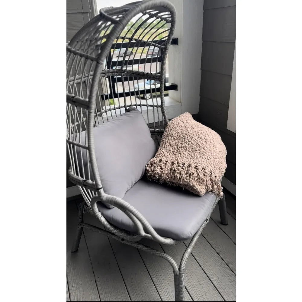 Outdoor Narrow Egg Chair Wicker, Patio Rattan Basket Chair with 370lbs Capacity Indoor Egg Chairs with Stand & Cushion Grey