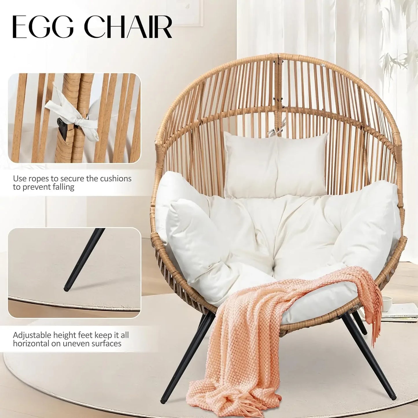 Egg Chair Outdoor Wicker Patio Oversized Lounger Chair with Cushion Egg Basket Chair for Indoor Living Room Bedroom