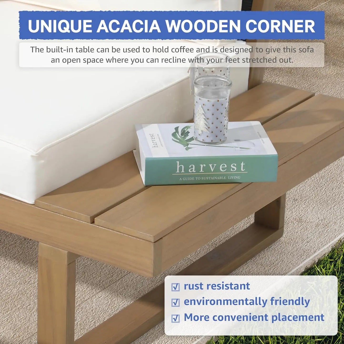 4 Piece Acacia Wood Patio Furniture Set, L-Shaped Outdoor Sectional Sofa with Coffee Table, Built-in Side Table, Cushions