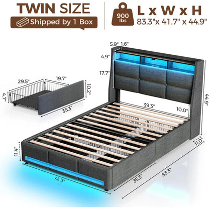 Twin Size Frame With LED Lights And Charging Station, Upholstered Bed Storage Headboard &Amp; Drawers, Heavy Duty