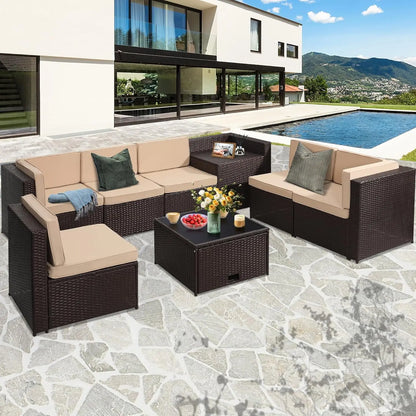 8 Pieces Outdoor Wicker Rattan Patio Furniture, Sectional Set, Glass Top Table, 7 Sofa Sections, Oversized Cushions