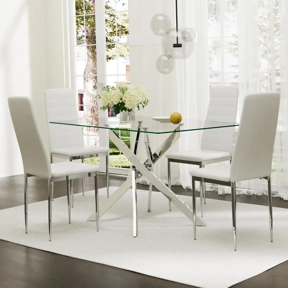 Glass Dining Table, Rectangular Kitchen Table, Small Dining Table with 4 Chairs, 5 Piece Glass Dinings Tables and Chair Set