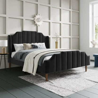 Queen Size Bed Frame with Modern Curved Velvet Headboard, Strong Wood Slat Support, Upholstered Queen Bed Frame