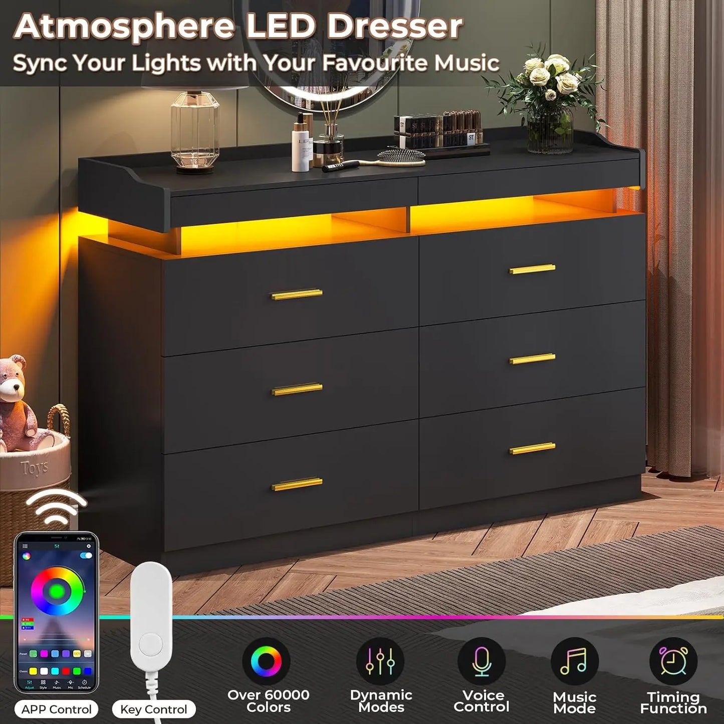 Modern Dresser 9 Drawer with LED Light,Wide Drawer Organizer Cabinet for Bedroom Living Room Chest  for Closet of Wood Drawers