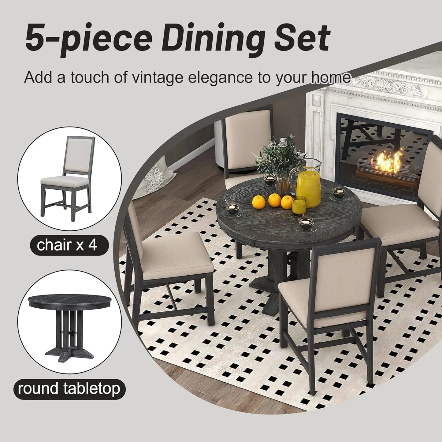 5-Piece Round Dining Table Set, Extendable Table with 4 Upholstered Chairs, Dining Room Table Sets, Kitchen Tables sets