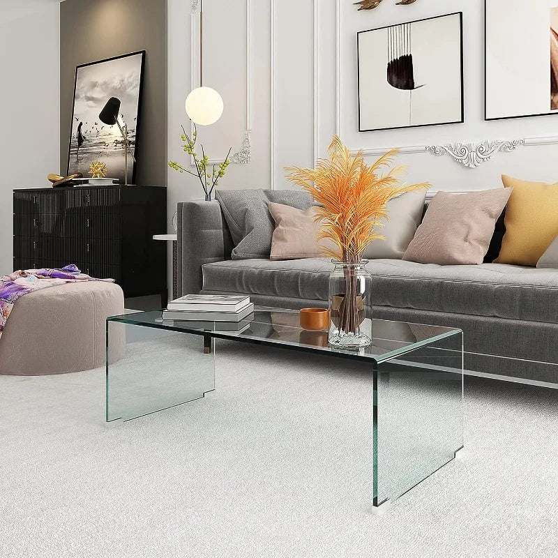 Clear Glass Coffee Table Metal Tube (All-Black)