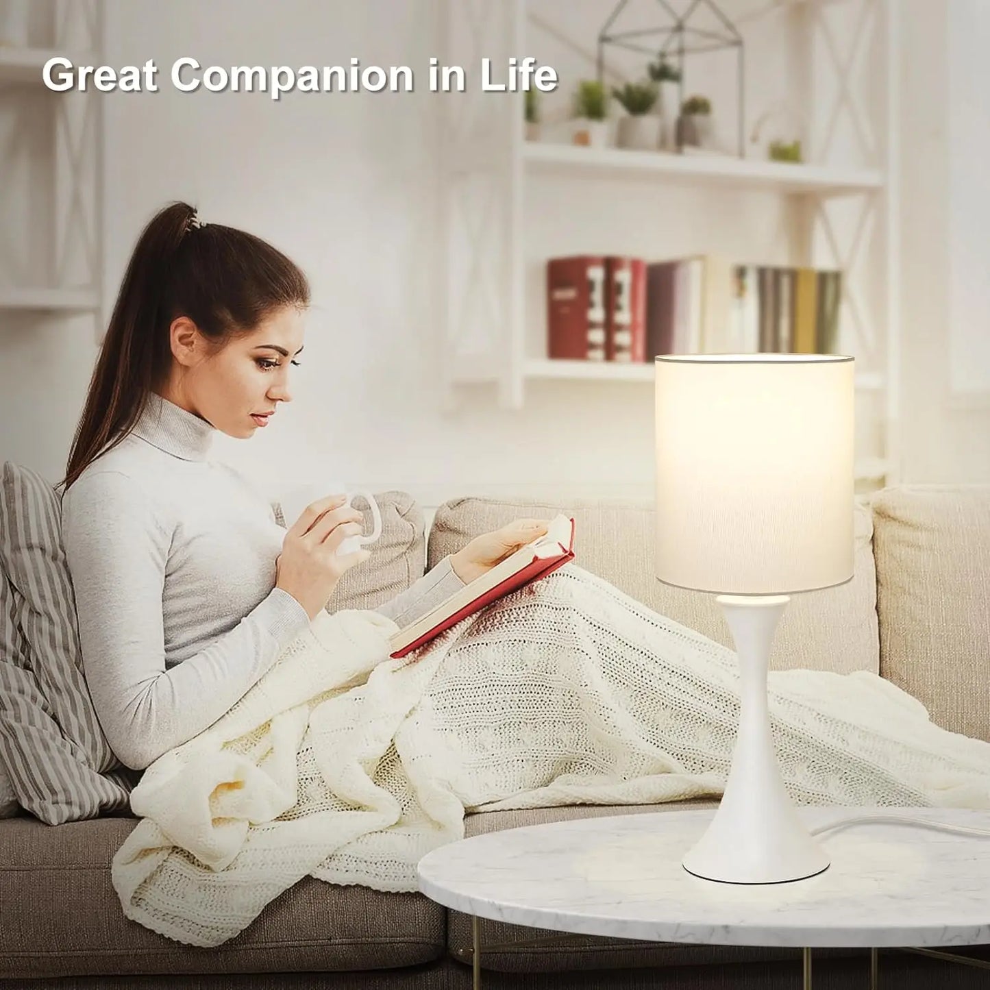 Modern Table Lamps, 3 Way Touch Control Table Lamp, Dimmable Desk Lamp, White Nightstand Lamp with Fabric Shade