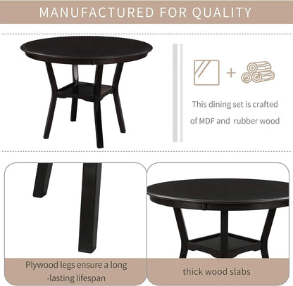 5-Piece Round Dining Table Set, Extendable Table with 4 Upholstered Chairs, Dining Room Table Sets, Kitchen Tables sets