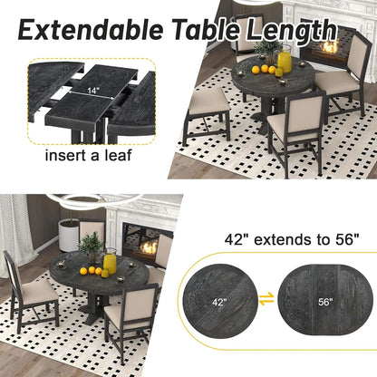 5-Piece Round Dining Table Set, Extendable Table with 4 Upholstered Chairs, Dining Room Table Sets, Kitchen Tables sets