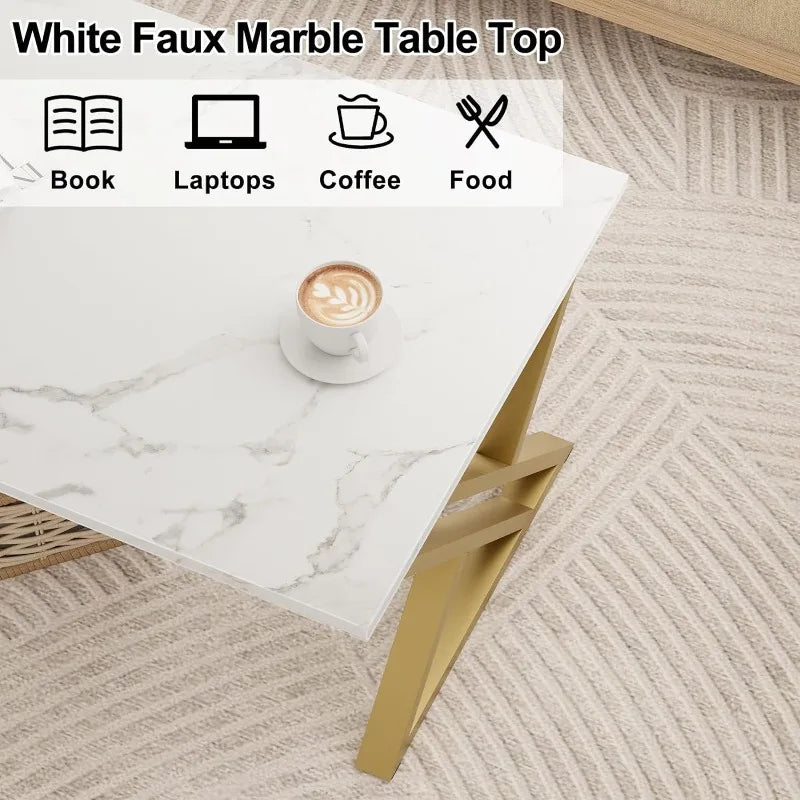 Living Room Table White Center Simple Modern Faux Marble Rectangular Coffee Tables