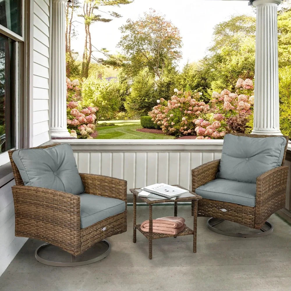 3-Piece Patio Outdoor Wicker Bistro Rocking Furniture Conversation Chairs for Garden, Backyard and Balcony Tan Chairs