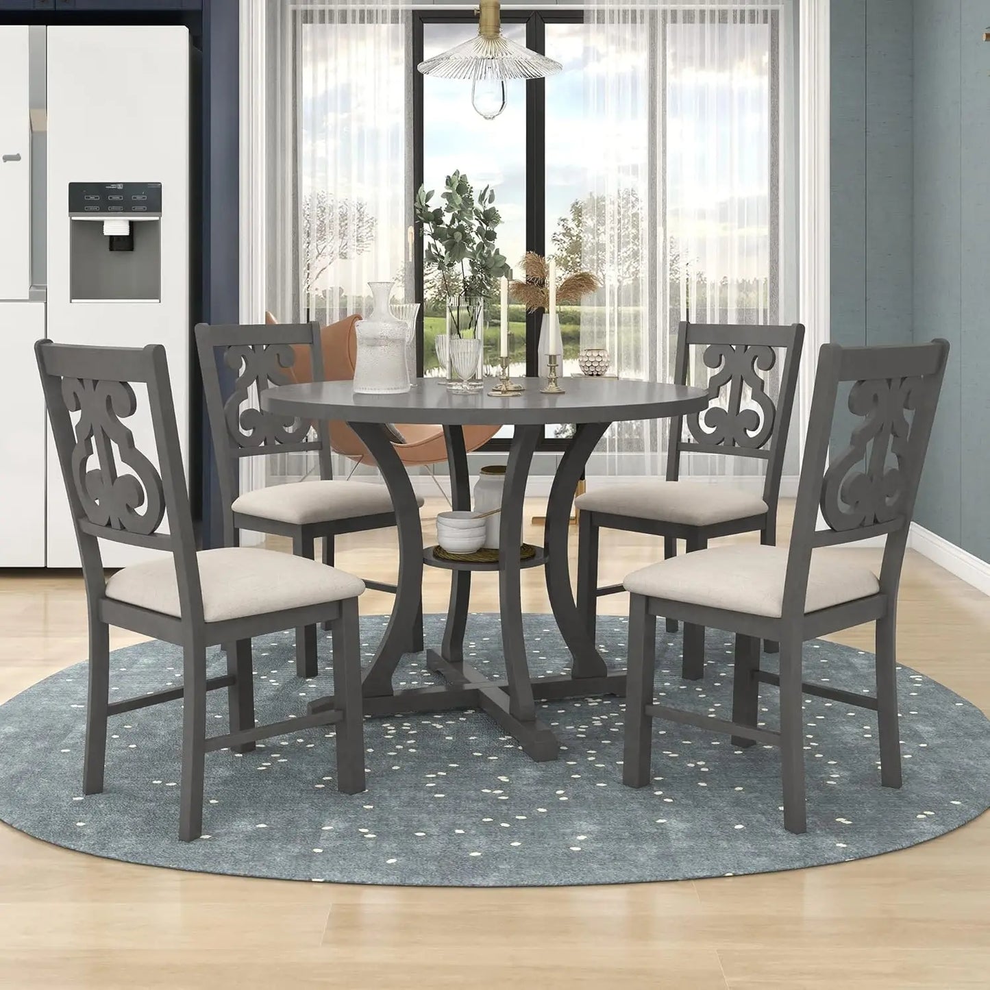 5-Piece Round Dining Table Set, Extendable Table with 4 Upholstered Chairs, Dining Room Table Sets, Kitchen Tables sets