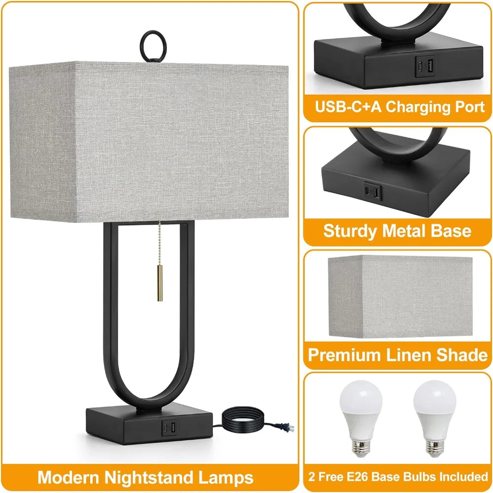 Luvkczc Nightstand Lamps Set of 2 with USB C+A Ports, 24'' Tall Table Lamp with Two 3000K LED Bulbs, Linen Lampshade