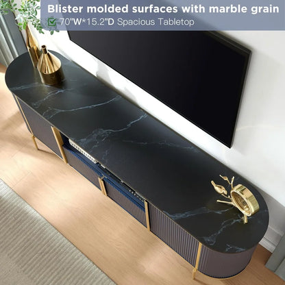 TV Cabinet, Luxury Curved Contour Design 70" Built-in TV Cabinet with Artificial Marble Top Can Hold 80" TV Suitable Navy Blue