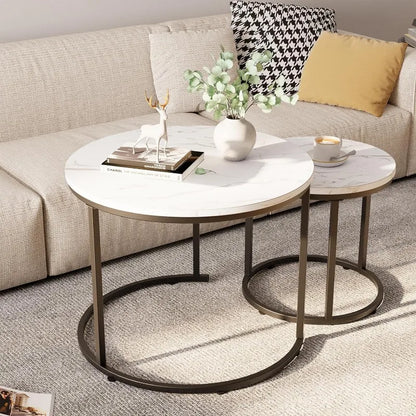 Coffee Table Nesting White Set of 2 Side Set Golden Frame Circular and Marble Pattern Wooden Tables, Living Room Bedroom