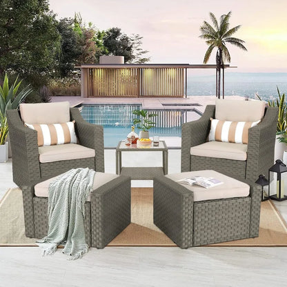 Outdoor Patio Furniture Set 7-Piece Wicker Conversation  Lounge Chairs with Ottoman & Loveseat with Glass Coffee Table Pillow