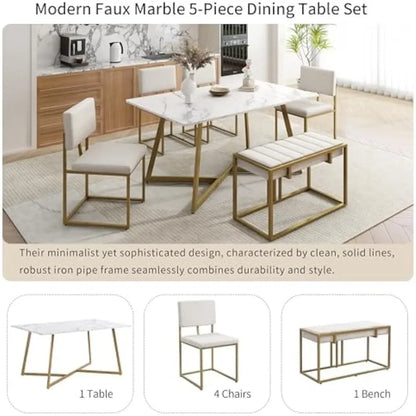 6-Piece Dining Table Set, Metal Kitchen Table Set w/ 4 Dining Chairs & Bench, Modern Faux Marble Dining Room Set for Kitchen