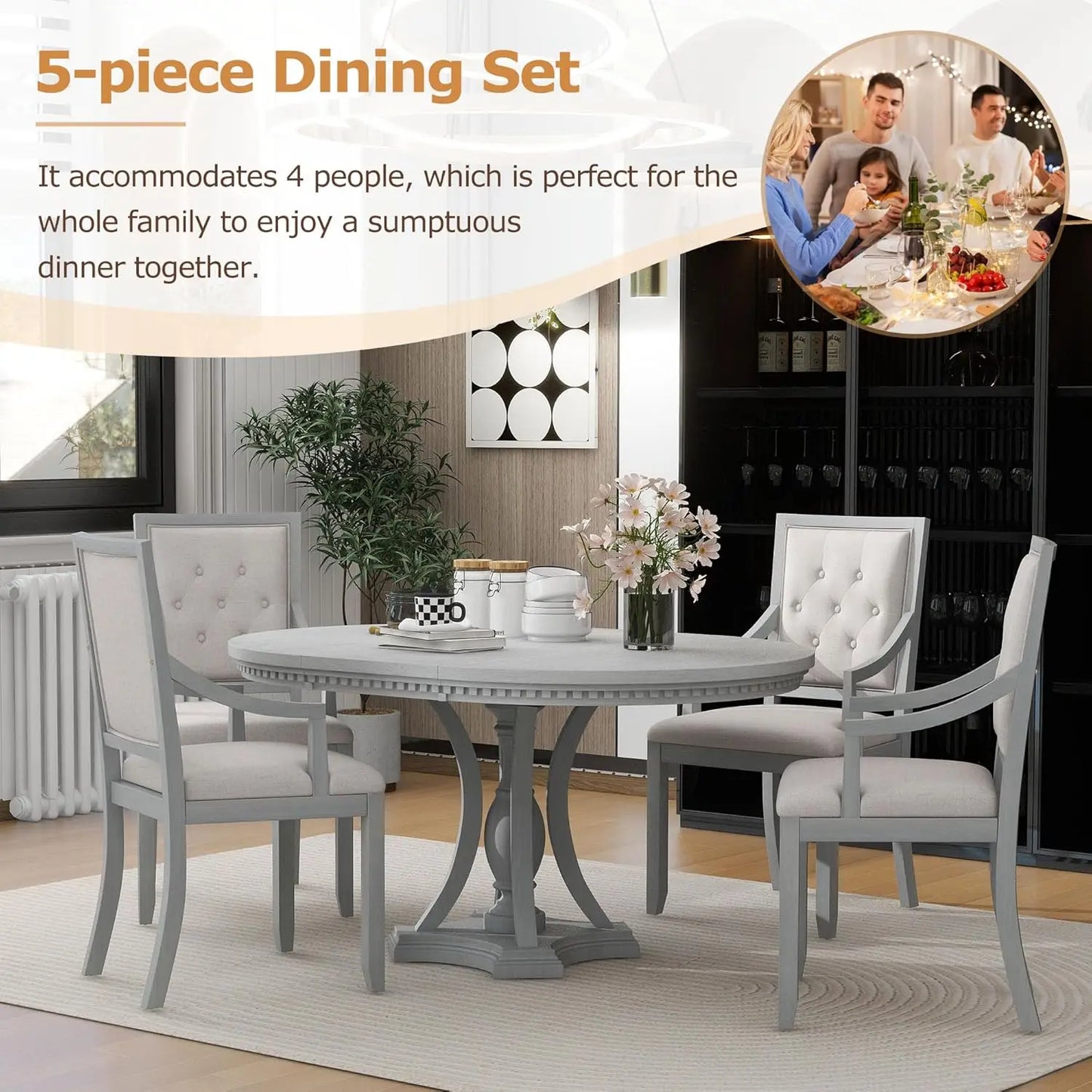 5-Piece Round Dining Table Set, Extendable Table with 4 Upholstered Chairs, Dining Room Table Sets, Kitchen Tables sets