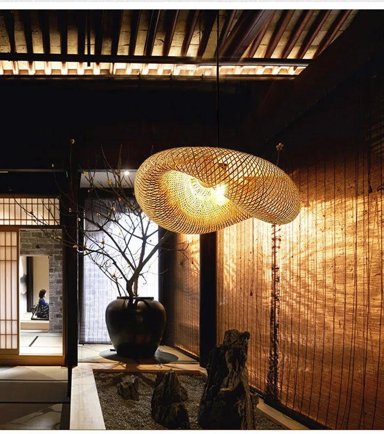 Bamboo Hand Weaving Pendant Light 40cm Hanging LED Ceiling Lamp Chandelier Fixture Rattan Hand Craft Woven Home Bedroom Decor