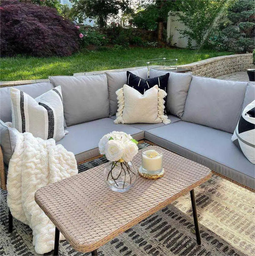 4 Pieces Patio Furniture Set, Outdoor Rattan Woven Sectional L-Shaped Sofa, 5 Seater, Boho Detachable Lounger