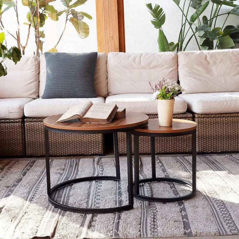 Coffee Table Nesting White Set of 2 Side Set Golden Frame Circular and Marble Pattern Wooden Tables, Living Room Bedroom