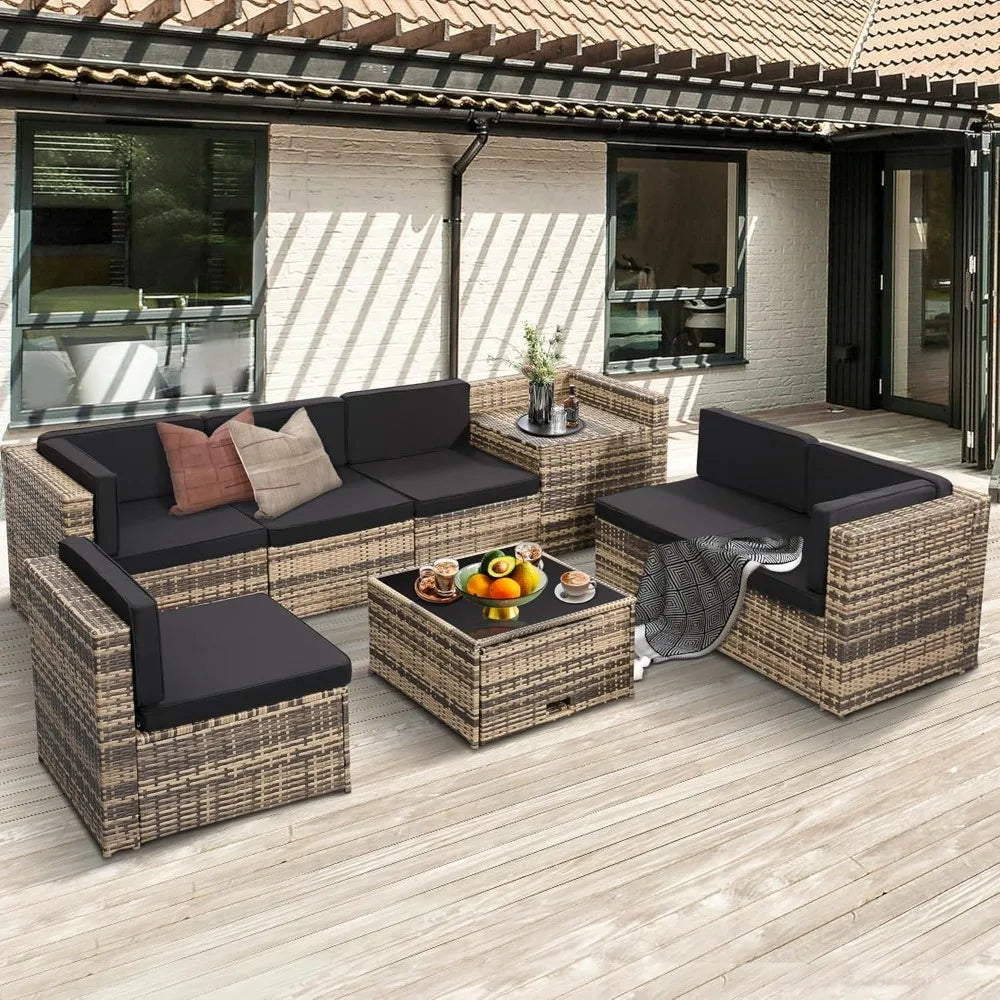 8 Pieces Outdoor Wicker Rattan Patio Furniture, Sectional Set, Glass Top Table, 7 Sofa Sections, Oversized Cushions