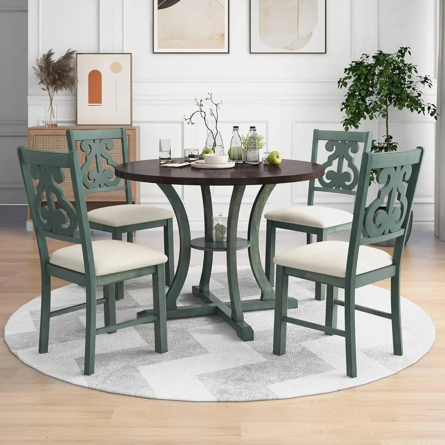 5-Piece Round Dining Table Set, Extendable Table with 4 Upholstered Chairs, Dining Room Table Sets, Kitchen Tables sets