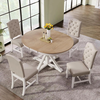 5-Piece Round Dining Table Set, Extendable Table with 4 Upholstered Chairs, Dining Room Table Sets, Kitchen Tables sets