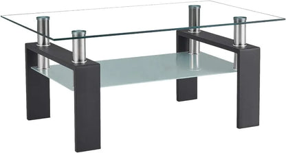 Rectangle Glass Coffee Table 2-Tier Tea Table Modern Side Coffee Table for Living Room