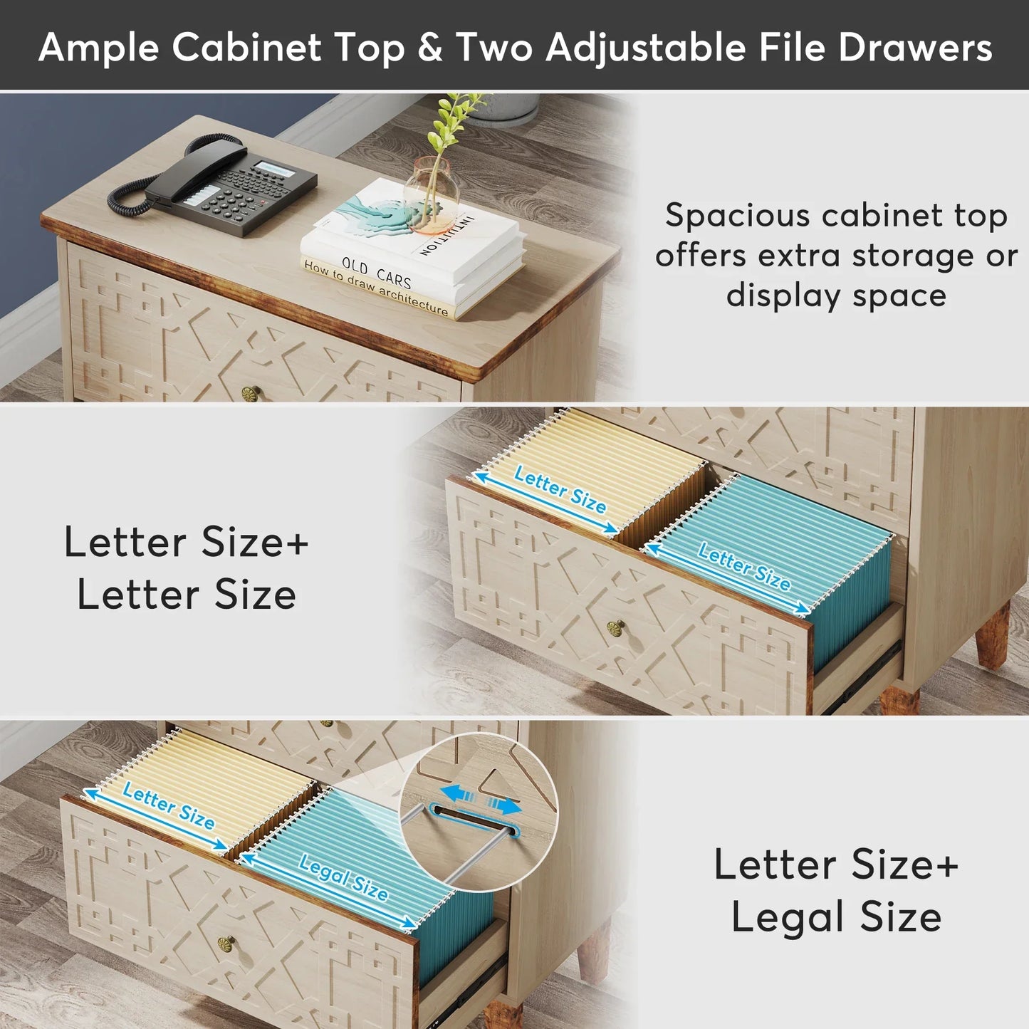 Tribesigns 2 Drawer Lateral File Cabinet, Office Filing Cabinet for A4 / Letter /Legal Size Files, Wood Storage Printer Stand