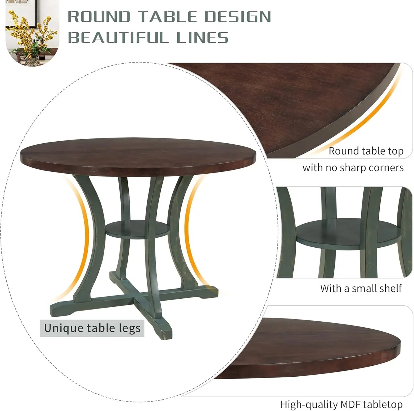 5-Piece Round Dining Table Set, Extendable Table with 4 Upholstered Chairs, Dining Room Table Sets, Kitchen Tables sets