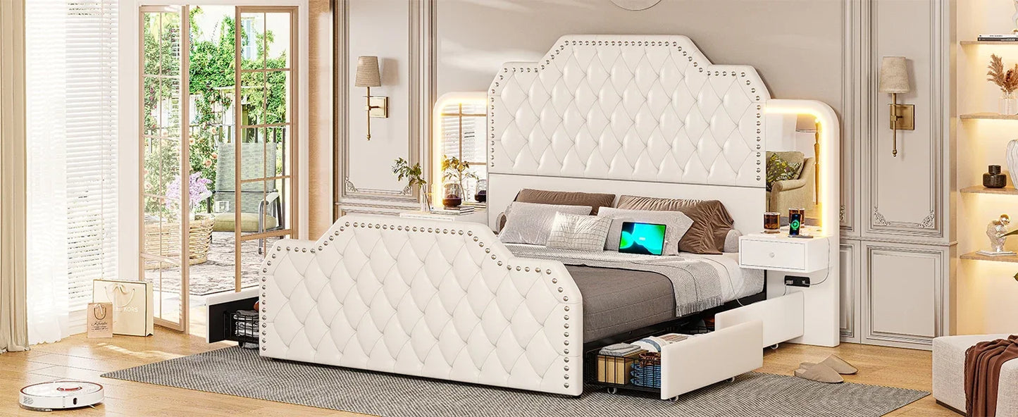 Full Size 53” Tall Platform Bed Frame with 4 Storage Drawers Built in Charging Station & LED Bedroom White Headboards Under Bed