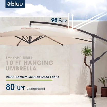 WUFF Bluu 10ft Patio Offset Umbrella Cantilever Umbrella Hanging Market Umbrella Outdoor Umbrellas with Crank & Cross