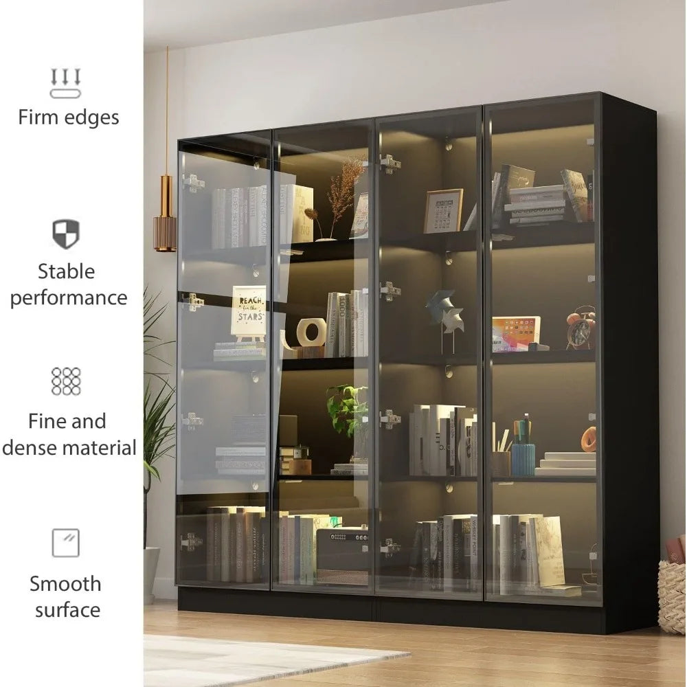 Display Cabinet with Glass Doors and Lights, 4-Tier Storage Shelves, Pop-up Design,  Display Case Cabinet Black