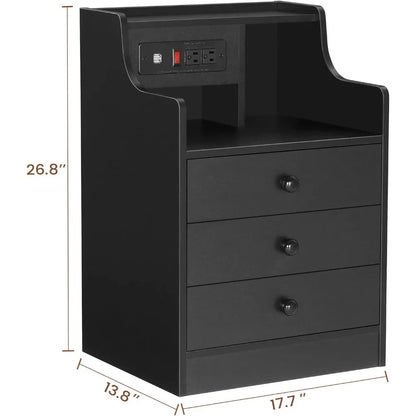 Nightstand with Charging Station,Black Night Stand for Bedroom,End Table with Hutch & Storage Drawers