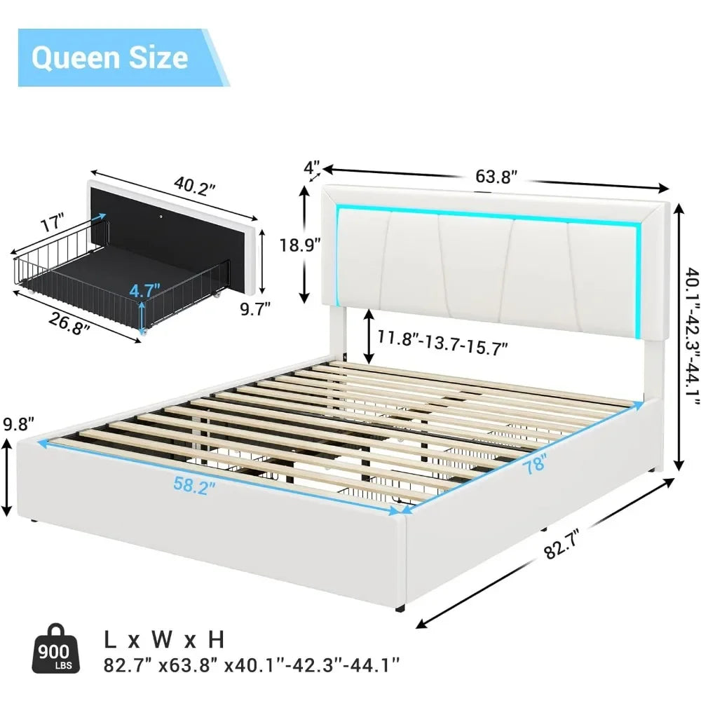 Queen Size LED Bed Frame, with Storage Drawer and USB Port, Modern Faux Leather Upholstered Headboard