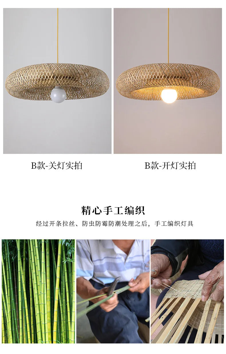 Bamboo Hand Weaving Pendant Light 40cm Hanging LED Ceiling Lamp Chandelier Fixture Rattan Hand Craft Woven Home Bedroom Decor