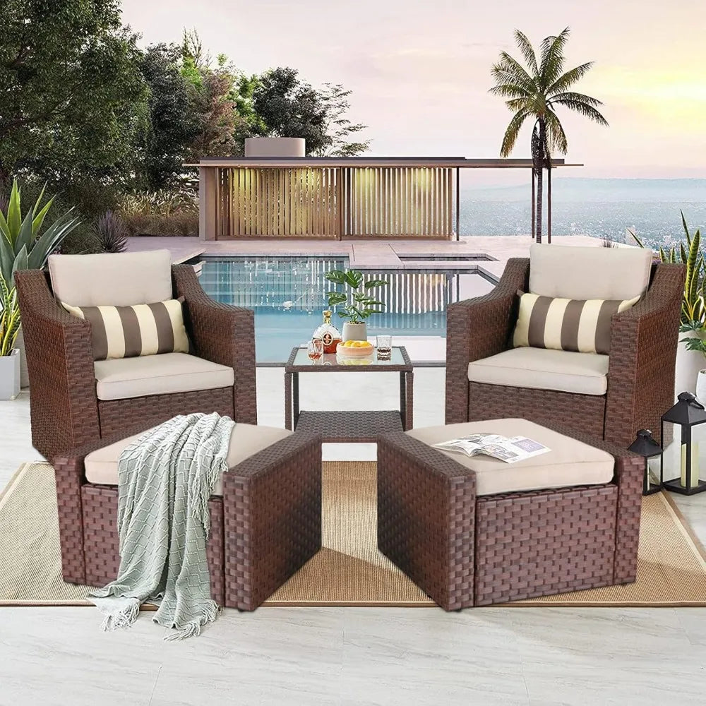 Outdoor Patio Furniture Set 7-Piece Wicker Conversation  Lounge Chairs with Ottoman & Loveseat with Glass Coffee Table Pillow