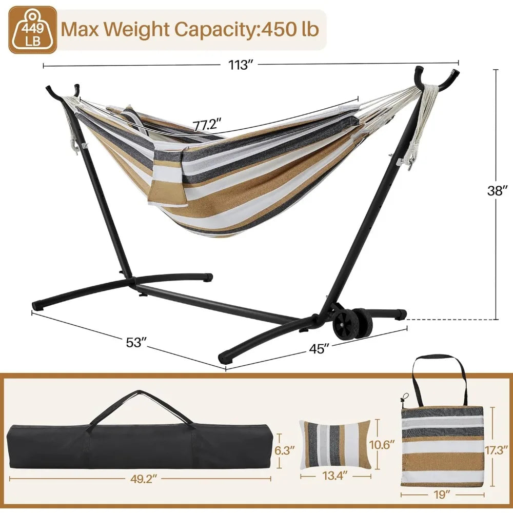 2-People Hammock w/Wheeled Stand Set, Heavy-Duty Portable Hammock Frame Included Wheels & Storage Bag & Carrying Bag