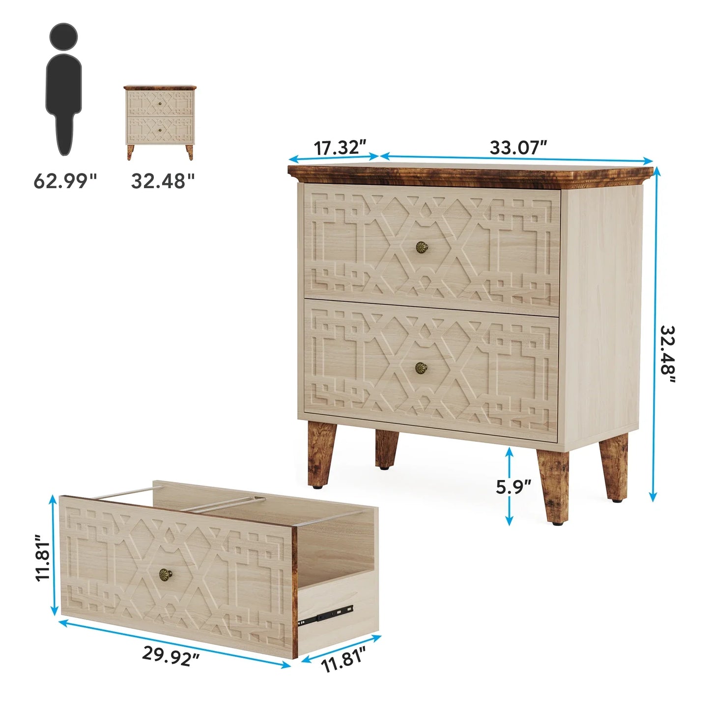 Tribesigns 2 Drawer Lateral File Cabinet, Office Filing Cabinet for A4 / Letter /Legal Size Files, Wood Storage Printer Stand