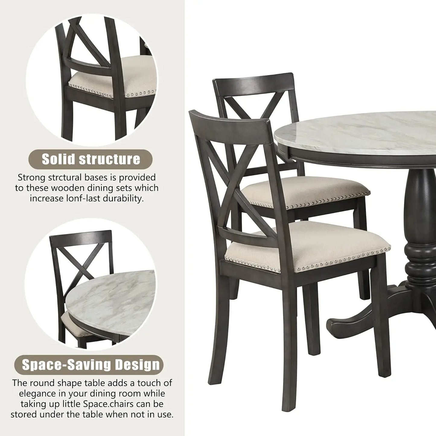 5-Piece Round Dining Table Set, Extendable Table with 4 Upholstered Chairs, Dining Room Table Sets, Kitchen Tables sets