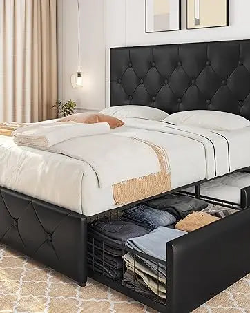 Queen Size Bed Frame with USB Charging Station/Port Storage Drawers,Leather Upholstered Platform Bed with Headboard