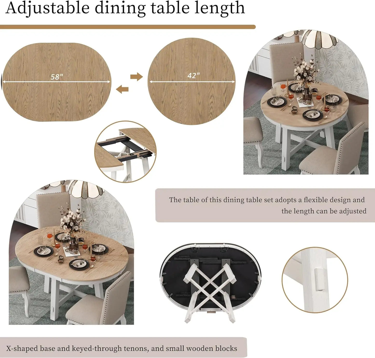 5-Piece Round Dining Table Set, Extendable Table with 4 Upholstered Chairs, Dining Room Table Sets, Kitchen Tables sets