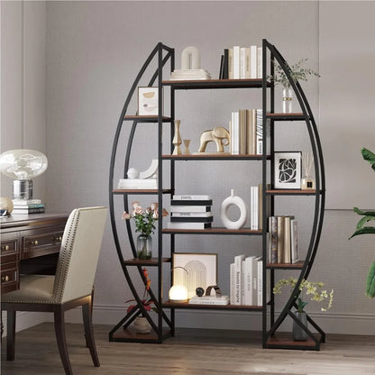 Oval Bookshelf 5 Tier Industrial Bookcases,Standing Tall Bookshelves Storage for Books, Farmhouse Wood and Metal Display Shelves