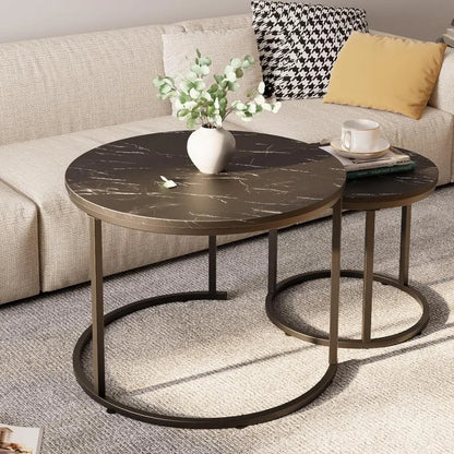 Coffee Table Nesting White Set of 2 Side Set Golden Frame Circular and Marble Pattern Wooden Tables, Living Room Bedroom