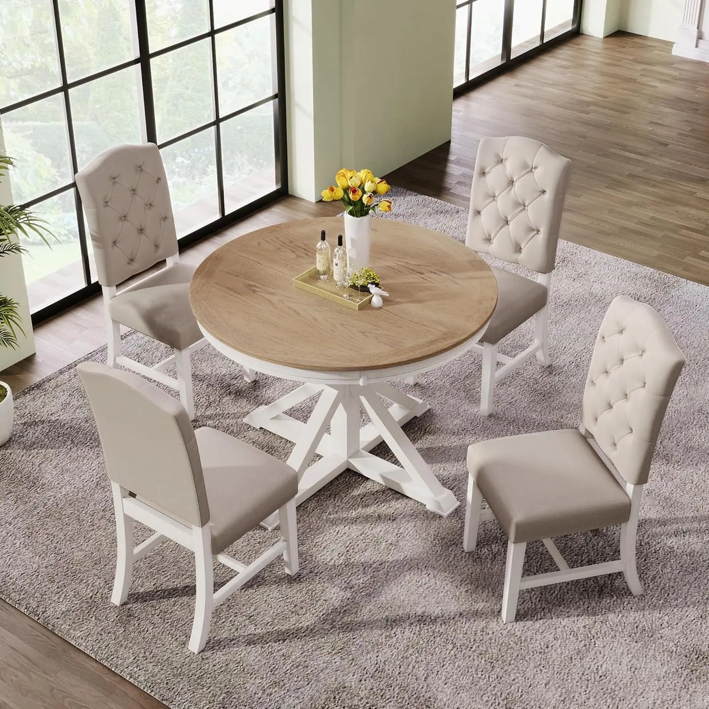 5-Piece Round Dining Table Set, Extendable Table with 4 Upholstered Chairs, Dining Room Table Sets, Kitchen Tables sets